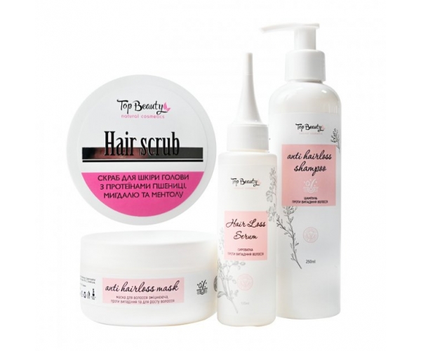 Набор укрепляющий для роста и от выпадения волос Top Beauty  Anti Hairloss (скраб 250 мл, шампунь 250 мл, маска 300 мл, сыворотка 100 мл)