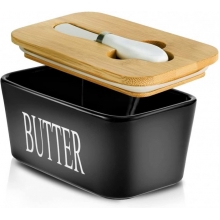 Масленка керамическая 500 мл с бамбуковой кришкой и ножом для масла Черная Масленка керамическая 500 мл с бамбуковой кришкой и ножом для масла Черная