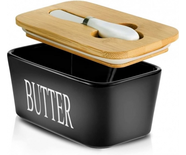 Масленка керамическая 500 мл с бамбуковой кришкой и ножом для масла Черная