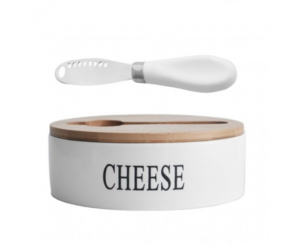 Сырница - Масленка керамическая с бамбуковой кришкой и ножом для масла