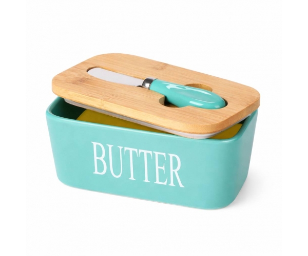 Масленка керамическая 500 мл с бамбуковой крышкой и ножом для масла Бирюзовая