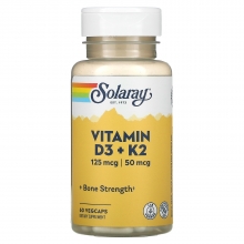 Витамин Д3 + К2 без сои Solaray (Vitamin D3 + K2) 60 капсул (076280385847)